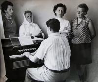 Performance in the village office in Blatnice, Marie on the right, Blatnice; ca. 1980