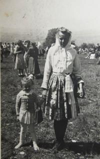 Marie with her daughter Bohunka on a pilgrimage to St. Antonínek, Blatnice; ca. 1955