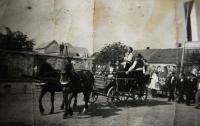 Marie's husband on a wagon (holding the reins) and their horses, Blatnice; ca. 1950
