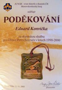 Poděkování od KRJ v Ostravě za skautskou službu v letech 1990 - 2000