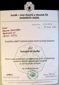 Honor award of the 60th anniversary of Svojsík's troop