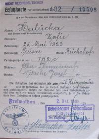 Pracovní karta Polky Zofie Haluchové z Trusze, která za války byla na práci u Nitschů