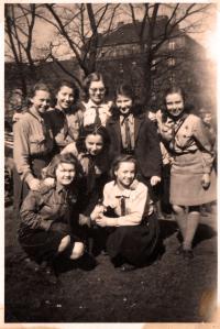 Věra Kocurková - Košíková doing volunteer work with Scouts, cleaning a park in the Vinohrady neighbourhood in Prague, 1945-8