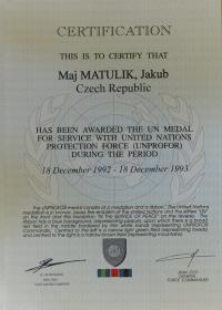 Certifikát k medaili za službu v UNPROFOR