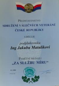 Certifikát k medaili od Sdružení válečných veteránů