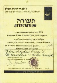 Righteous among the nations Certificate for Jirina Sobotkova, 1963