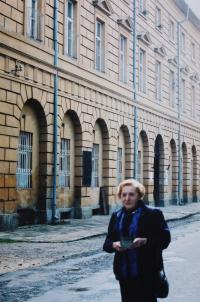 In Terezín in front of the building where she lived