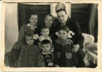 At time of exile. Mrs. Maria Mykytka, her husband’s mother, son Yuriy, husband Fr. Markiyan Mykytka with daughters Aniziya and Lyubomyra, and son Orest. Special settlement Kuchi, Khabarovsk krai in the Far East of the USSR, 1952. 
