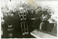 Funeral of Fr. Markiyan Mykytka, led by a secret ungergound bishop Josafat Fedoryk OSBM, alongside with the family members. Stryi, Lviv region, 1972.