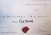 Honorary citizenship of the city of Ostrava of Alois Čoček