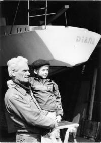 With his grandson at the boat Diana, Czech Yacht Club 1984