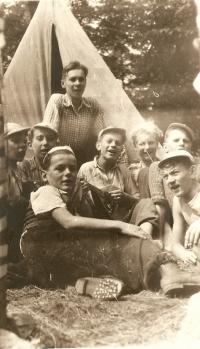 Wolf Pack boys club summer camp in 1944 near Radnic; Jan Jeník (Chamois) in the middle with mandolin