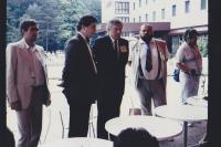 Press conference on the terrace of the Lővér Hotel, Sopron, 1989. Aug. 19 (László Magas, László Nagy, Dezső Szigeti, Zsolt Szentkirályi)
