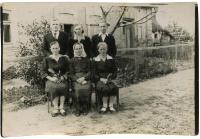 Part of the Andrš's family. Seated from the left side: sister E. Perglerová (nee Andršová), mother Lidmila, sister K. Jelínková (nee Andršová). Standing from the left side: siblings Josef, Marie a Vladimír. 1947, postwar famine, Ukraine