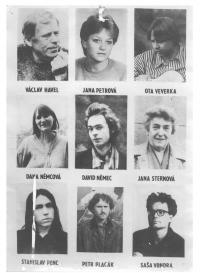 Nine portraits - lying of flowers. A poster with 9 courageous people who brought flowers to the statue of St. Wenceslas on November 16, 1988 