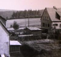 View from Eliška's house to the valley and the cemetery, Rotava; 1958