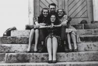 Friends from May 1945; from the left Eliška, her friend Helena, sister Kamila and American soldier Jimmy Red; Sušice; 1945
