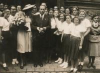 Newly-weds Božena and Svatopluk Lacina, Vladek Lacina's parents, accompanied by Sokol mouvement adherents, 1948
