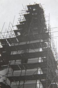 oprava věže kostela v Liticích 1984