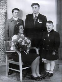 Wedding photo of Jarmila's parents, her father's best man, Jarmila's cousin; Rotava 1948