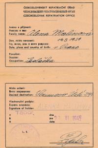 Alena Malinová (Voštová) - Registration card
