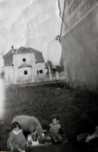 Posezení na zahradě, v pozadí vpravo štít rodinného domu s nápisem otcovy firmy "Autodílna, strojírna, zbraně a střelivo Karel Zelenka", Věra vlevo; Vroutek, pravděpodobně 1946
