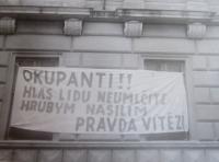 Protests against the invasion by Warsaw Pact on Main Street in Sumperk