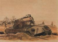 Konec války v rodné obci, 1945, 25 x 30 cm, akvarel
