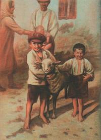 Vzpomínka na dětství (2005), malba podle fotografie z roku 1931, Josef Hošna vpravo, Josefův bratr Jan vlevo, uprostřed ochočená ovce - člen rodiny, Brloh; tento obraz Hošna namaloval na výstavu ve Vodňanech