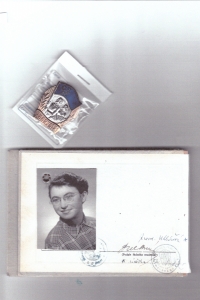 Page from the student ID booklet and a badge of the Frontier Volunteer Builder.