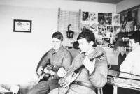 Military service in Olomouc; Pavel Douša is on the right, holding the banjo, 1960s