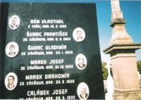 detail from the gravestone in Tršice cemetery, names and photos of father and brother