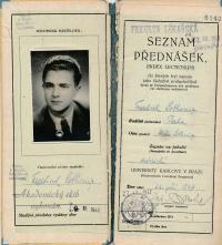 František Lobkowicz's student record book from 1947, first double page including entry on the change of study program from law school to medicine after the Communist takeover in February 1948, scanned copy