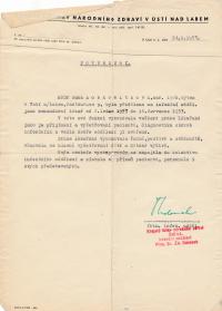Hana Lobkowiczová’s confirmation of employment at the isolation ward of the County institute for national health in Ústí nad Labem (between 2 January 1953 and 16 July1953), which she left due to expedted birth of the first daughter Jana, confirmation issu
