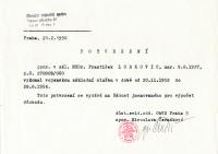 Confirmation of František Lobkowicz’s participation in compulsory military service at the Auxiliary technical battalion (PTP) between 20 November 1952 and 28 August 1954, issued on 21 February 1990 for calculating his retirement pension, scanned copy