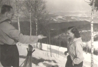 Dr Emil Ludvík with Věra skiing, 1945