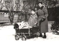 Grandmother Valerie, Pavel and Petr in the pram, Náchod, 1965