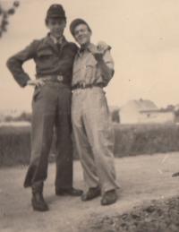 Liboš Buben (on the left) as a member of Revolutionary Guard in the Škoda company, with his friend shortly after the war ended, May 1945 