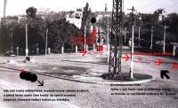 Approximate position of a small Czech truck, which Heydrich was leaning against after the attack. Black dot shows the approximate location of Dr. Krause's office on Kirchmayer Street. Red arrows - direction of Jan Kubiš and Josef Gabčík's escape