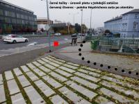 Approximate position of Heydrich's car (red square) after the assassination. Black dots show where the fence line ran in the road bend in 1942