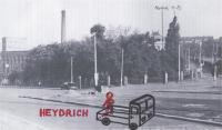 Approximate position of a small Czech truck and Heydrich leaning against it shortly after the assassination, based on Liboš Buben's memories (Heydrich was holding his back with his right hand and looking down the street V Holešovičkách)