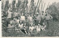 Zdeňka (1st right, 2nd row) at hop-picking, Hořesedly, 1955
