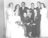 The first wedding of the granddaughter and grandsons of granny Kučerová, Ústí nad Orlicí 1946. Jan in the middle in the grey suit 