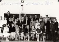 At school reunion in Pivovarská street, Jablonec n/N, 1982 (Milan Čapek in the middle row, sixth from the right. Photo taken in the same classroom as during the war)