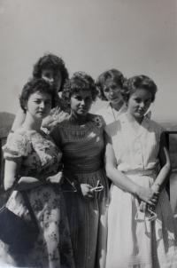 Work colleagues on a trip to Staxon Switzerland, Anita very left, in 1950s