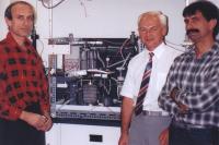 Jiří Nor with the members of the team Astris during the development of the model E2 Fuel Cell Generator, Jaroslav Benedik (left), Josef Benedik (right), Mississauga 1992