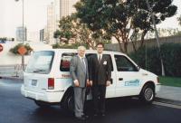 Jiří Nor and David Smith, head of the Electric Vehicle program at Chrysler Corporation, with one of the Chrysler prototypes of elecromobile, Los Angeles 1992