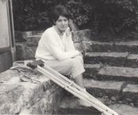 Petra Erbanová with crutches as a result of the Warsaw Pact occupation in August 1968, Autumn 1968