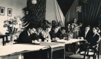 Graduation exam in 1954, Juraj Krupa second sitting from the right