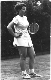 Eva playing an important tennis match, the court No.1, Štvanice Prague about 1967